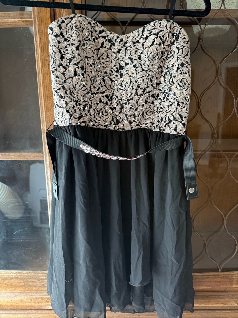 BCX Black Strapless Evening Dress with Ivory Lace Trim